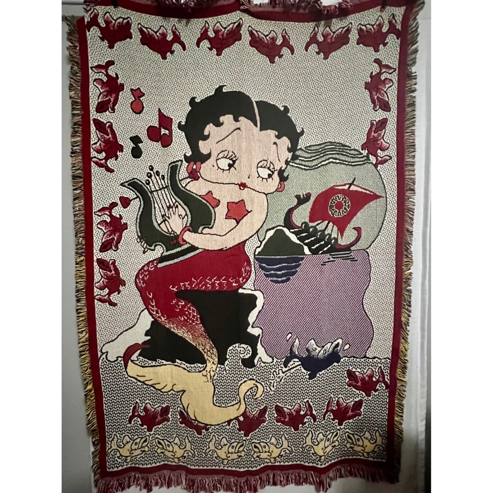 Vintage 1995 Betty Boop Mermaid Woven Tapestry Throw Blanket Fleischer Studios